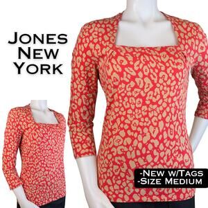 Jones New York Signature Top Medium Coral Tan Leopard Print Cotton Stretch NEW